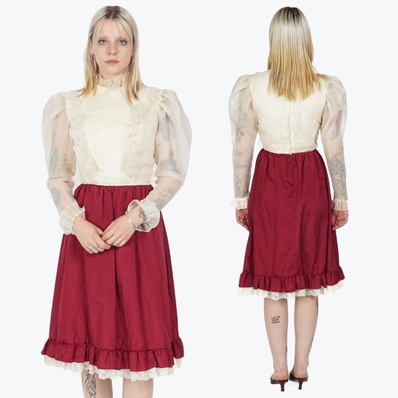 VINTAGE Victorian Burgundy Sheer Puff Sleeve Ruffle Mock Neck Dress - Picture 3 of 3